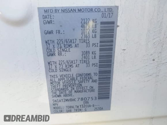 ✅ 2017 Nissan Rogue SV • VIN: 5N1AT2MV8HC780753 • Lot: 43519287. Listed on IAAI with 86,535 mi. Free auction sales archive from the USA and detailed vehicle history report at DreamBid. Image 9.