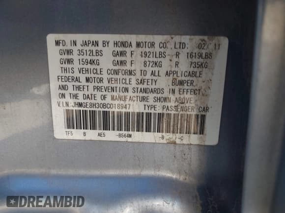 ✅ 2011 Honda Fit • VIN: JHMGE8H30BC018947 • Lot: 42539279. Listed on IAAI with 76,381 mi. Free auction sales archive from the USA and detailed vehicle history report at DreamBid. Image 9.