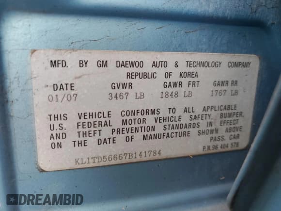 ✅ 2007 Chevrolet Aveo LS • VIN: KL1TD56667B141784 • Lot: 52237055. Wystawiony na Copart z przebiegiem 144 379 mil. Bezpłatny archiwum sprzedaży aukcyjnych z USA i szczegółowy raport historii pojazdu na DreamBid. Zdjęcie 12.