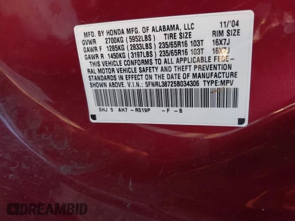 ✅ 2005 Honda Odyssey EX-L • VIN: 5FNRL38725B034306 • Лот: 43783898. Опубликован ранее на IAAI с пробегом 202 726 миль. Бесплатный доступ к архиву аукционных продаж из США и подробный отчёт об истории автомобиля на DreamBid. Изображение 9.