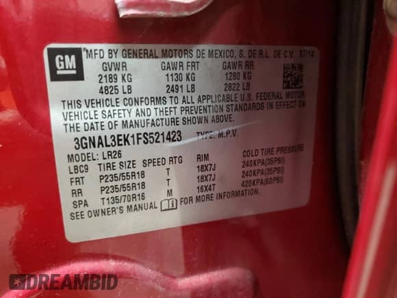 2015 Chevrolet Captiva Sport LT с VIN 3GNAL3EK1FS521423, выставлен на аукционе Copart как лот 76486654 с пробегом 142 085 миль миль и Чистый • Clean title. История ставок и продаж доступна на DreamBid. Изображение 12.