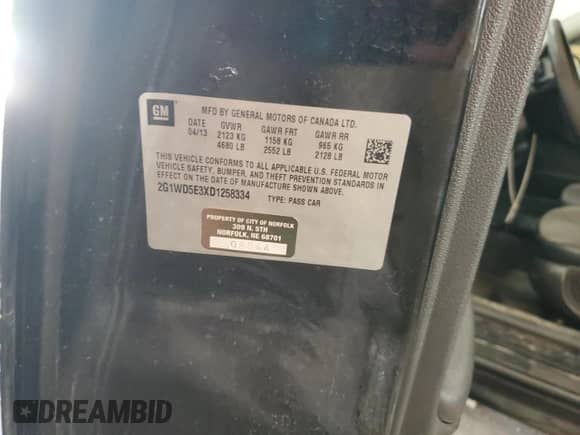 2013 Chevrolet Impala Police с VIN 2G1WD5E3XD1258334, выставлен на аукционе Copart как лот 61849625 с пробегом 99 903 миль миль и Списание • Salvage title. История ставок и продаж доступна на DreamBid. Изображение 12.