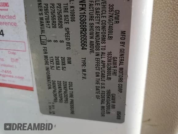 ✅ 2008 Chevrolet Suburban 2LT • VIN: 1GNFK16368R265564 • Lot: 76410584. Wystawiony na Copart z przebiegiem Nie podano. Bezpłatny archiwum sprzedaży aukcyjnych z USA i szczegółowy raport historii pojazdu na DreamBid. Zdjęcie 14.