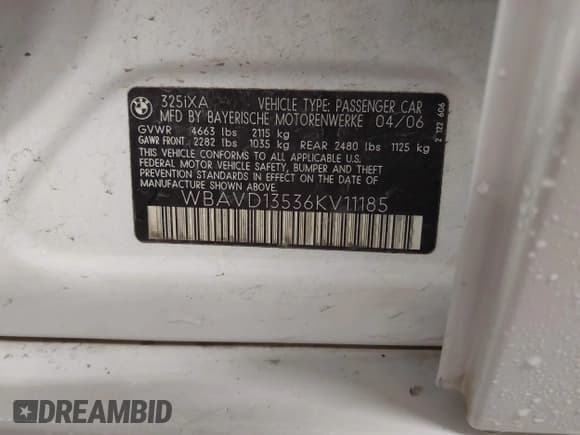 ✅ 2006 BMW 3 Series 325xi • VIN: WBAVD13536KV11185 • Lot: 42543717. Listed on IAAI with Not provided. Free auction sales archive from the USA and detailed vehicle history report at DreamBid. Image 9.