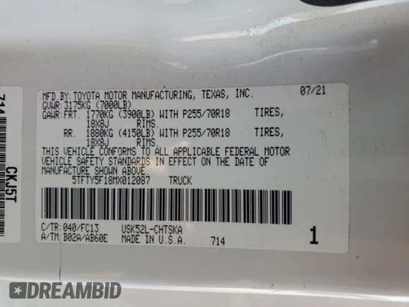 ✅ 2021 Toyota Tundra SR • VIN: 5TFTY5F18MX012087 • Lot: 88883235. Listed on Copart with 81,059 mi. Free auction sales archive from the USA and detailed vehicle history report at DreamBid. Image 12.