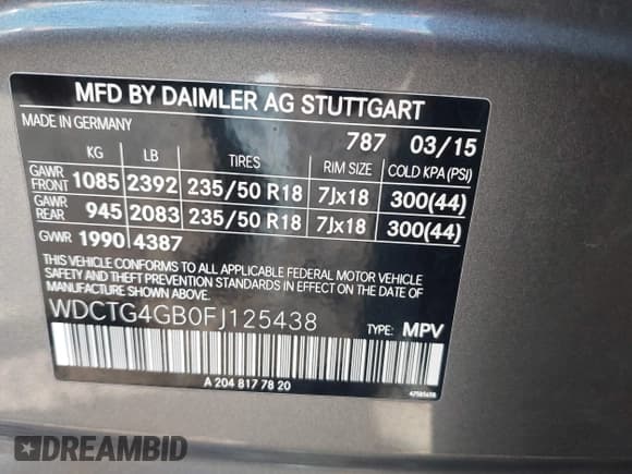 ✅ 2015 Mercedes-Benz GLA 250 • VIN: WDCTG4GB0FJ125438 • Lot: 43364927. Listed on IAAI with 106,972 mi. Free auction sales archive from the USA and detailed vehicle history report at DreamBid. Image 9.