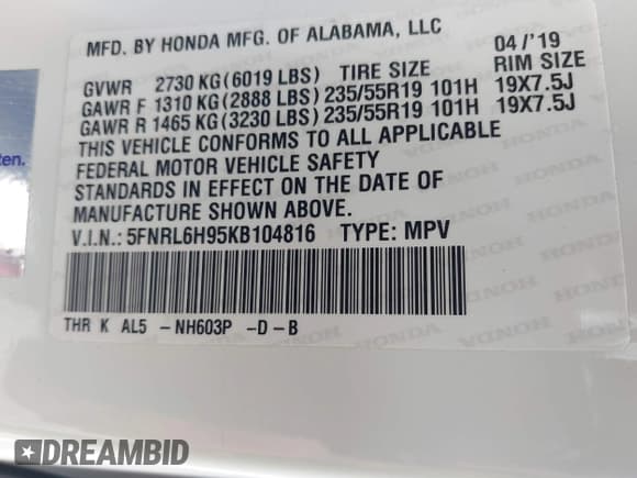 ✅ 2019 Honda Odyssey Elite • VIN: 5FNRL6H95KB104816 • Lot: 42232490. Listed on IAAI with 77,465 mi. Free auction sales archive from the USA and detailed vehicle history report at DreamBid. Image 9.