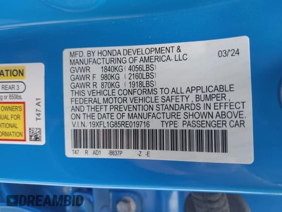 ✅ 2024 Honda Civic Sport Touring • VIN: 19XFL1G85RE019716 • Lot: 42748703. Wystawiony na IAAI z przebiegiem 5 879 mil. Bezpłatny archiwum sprzedaży aukcyjnych z USA i szczegółowy raport historii pojazdu na DreamBid. Zdjęcie 9.