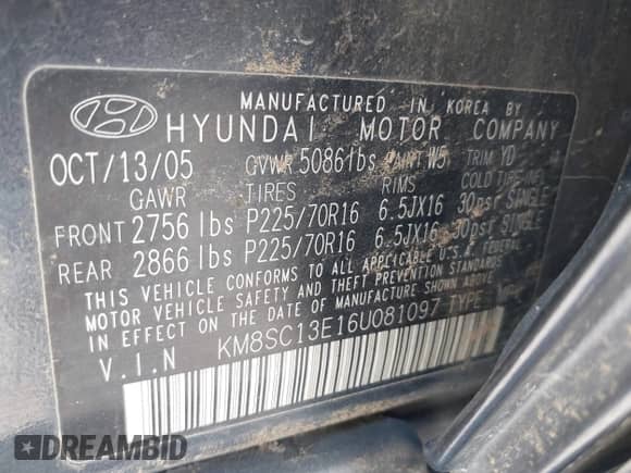 2006 Hyundai Santa Fe GLS с VIN KM8SC13E16U081097, выставлен на аукционе IAAI как лот 42224989 с пробегом Не указан миль и . История ставок и продаж доступна на DreamBid. Изображение 9.