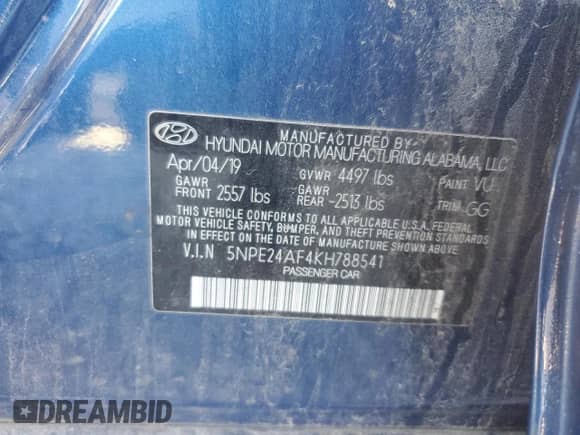 2019 Hyundai Sonata SE with VIN 5NPE24AF4KH788541, listed as a Copart auction lot 87028925 with 64,755 mi miles and Salvage title. Bid and sale history available at DreamBid. Image 13.