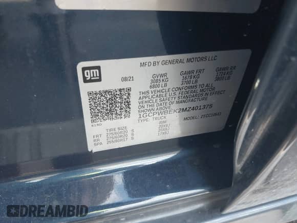 2021 Chevrolet Silverado 1500 Custom with VIN 1GCPWBEK2MZ401375, listed as a IAAI auction lot 43534617 with 72,248 mi miles and . Bid and sale history available at DreamBid. Image 9.