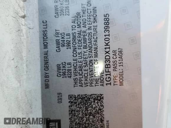 2019 Chevrolet Camaro 1LT с VIN 1G1FB3DX1K0139885, выставлен на аукционе Copart как лот 62923675 с пробегом 94 417 миль миль и Списание • Salvage title. История ставок и продаж доступна на DreamBid. Изображение 12.