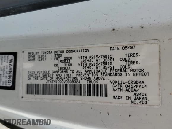 ✅ 1997 Toyota T100 DX • VIN: JT4TN12D0V0038324 • Lot: 72609844. Listed on Copart with 233,254 mi. Free auction sales archive from the USA and detailed vehicle history report at DreamBid. Image 12.