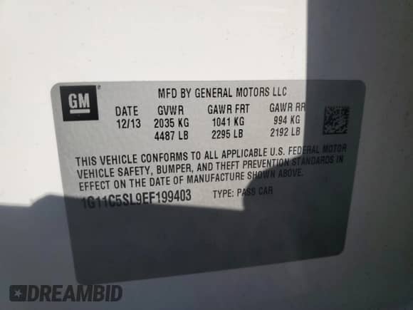 2014 Chevrolet Malibu LT с VIN 1G11C5SL9EF199403, выставлен на аукционе Copart как лот 86175945 с пробегом 90 821 миль миль и Списание • Salvage title. История ставок и продаж доступна на DreamBid. Изображение 13.