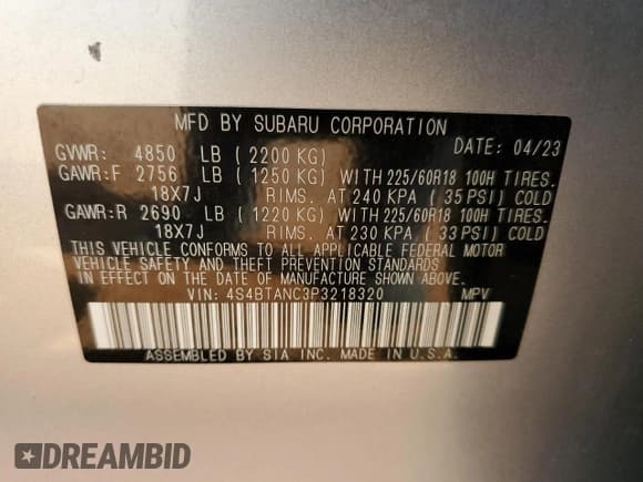 ✅ 2023 Subaru Outback Limited • VIN: 4S4BTANC3P3218320 • Lot: 60150245. Listed on Copart with 27,712 mi. Free auction sales archive from the USA and detailed vehicle history report at DreamBid. Image 13.