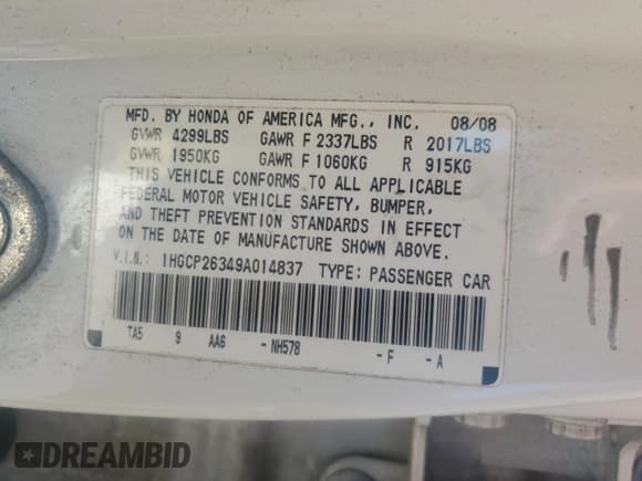 ✅ 2009 Honda Accord LX • VIN: 1HGCP26349A014837 • Лот: 86255965. Опубликован ранее на Copart с пробегом 289 517 миль. Бесплатный доступ к архиву аукционных продаж из США и подробный отчёт об истории автомобиля на DreamBid. Изображение 13.