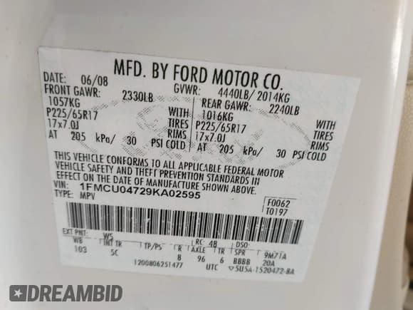 ✅ 2009 Ford Escape Limited • VIN: 1FMCU04729KA02595 • Lot: 42957550. Listed on IAAI with 156,567 mi. Free auction sales archive from the USA and detailed vehicle history report at DreamBid. Image 9.