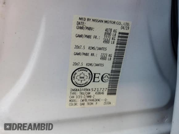 ✅ 2019 Nissan Titan SL • VIN: 1N6BA1F49KN521727 • Lot: 83343434. Wystawiony na Copart z przebiegiem Nie podano. Bezpłatny archiwum sprzedaży aukcyjnych z USA i szczegółowy raport historii pojazdu na DreamBid. Zdjęcie 12.