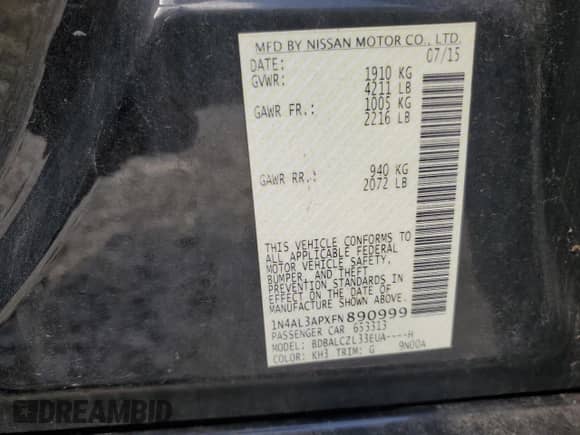 2015 Nissan Altima S z VIN 1N4AL3APXFN890999, wystawiony jako Copart lot #68495175 z przebiegiem 168 409 mil mil oraz Czysty tytuł • Clean title. Historia ofert i sprzedaży dostępna na DreamBid. Obrazek 12.