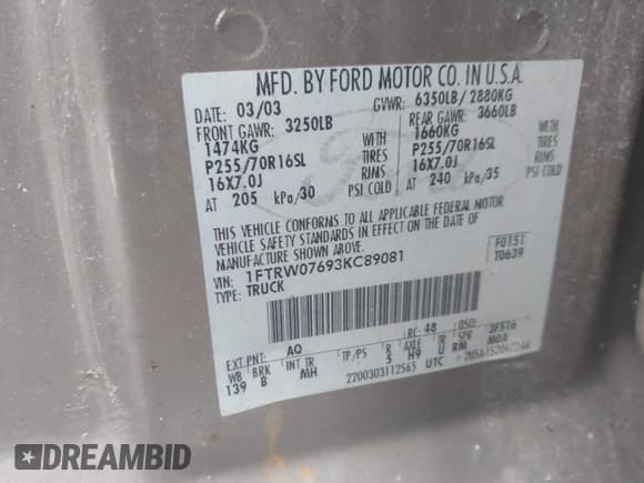 ✅ 2003 Ford F-150 XLT • VIN: 1FTRW07693KC89081 • Lot: 43020148. Wystawiony na IAAI z przebiegiem 215 580 mil. Bezpłatny archiwum sprzedaży aukcyjnych z USA i szczegółowy raport historii pojazdu na DreamBid. Zdjęcie 9.