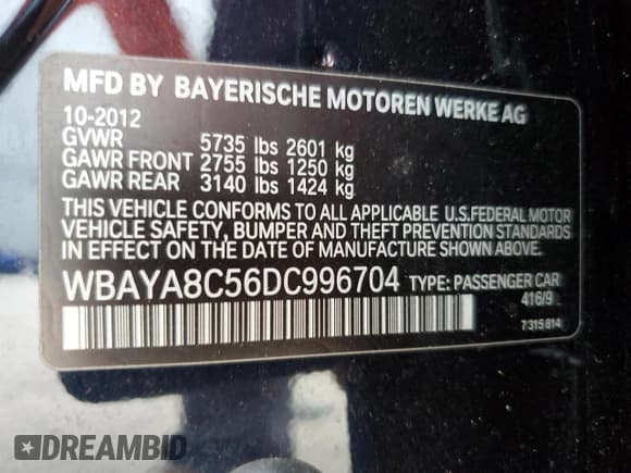 ✅ 2013 BMW 7 Series 750i • VIN: WBAYA8C56DC996704 • Лот: 64466705. Опубликован ранее на Copart с пробегом 102 278 миль. Бесплатный доступ к архиву аукционных продаж из США и подробный отчёт об истории автомобиля на DreamBid. Изображение 13.