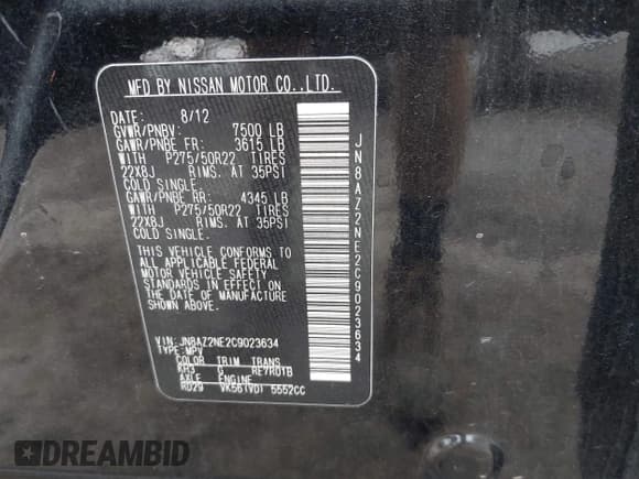 ✅ 2012 Infiniti QX56 7-passenger • VIN: JN8AZ2NE2C9023634 • Lot: 43334327. Wystawiony na IAAI z przebiegiem 165 347 mil. Bezpłatny archiwum sprzedaży aukcyjnych z USA i szczegółowy raport historii pojazdu na DreamBid. Zdjęcie 9.