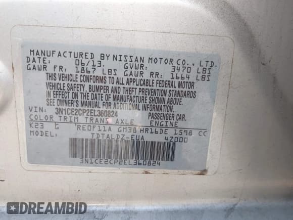 ✅ 2014 Nissan Note S Plus • VIN: 3N1CE2CP2EL360824 • Lot: 42059253. Listed on IAAI with 159,359 mi. Free auction sales archive from the USA and detailed vehicle history report at DreamBid. Image 9.