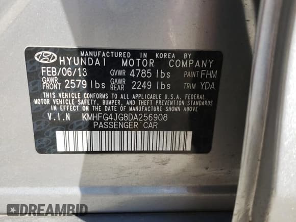 ✅ 2013 Hyundai Azera • VIN: KMHFG4JG8DA256908 • Lot: 50573915. Listed on Copart with 146,015 mi. Free auction sales archive from the USA and detailed vehicle history report at DreamBid. Image 12.