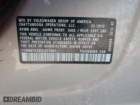 ✅ 2013 Volkswagen Passat SE • VIN: 1VWBN7A39DC077687 • Lot: 86124095. Wystawiony na Copart z przebiegiem 179 861 mil. Bezpłatny archiwum sprzedaży aukcyjnych z USA i szczegółowy raport historii pojazdu na DreamBid. Zdjęcie 12.