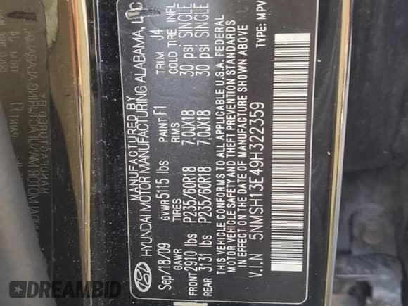 2009 Hyundai Santa Fe Limited z VIN 5NMSH13E49H322359, wystawiony jako Copart lot #71520834 z przebiegiem 287 755 mil mil oraz Czysty tytuł • Clean title. Historia ofert i sprzedaży dostępna na DreamBid. Obrazek 13.