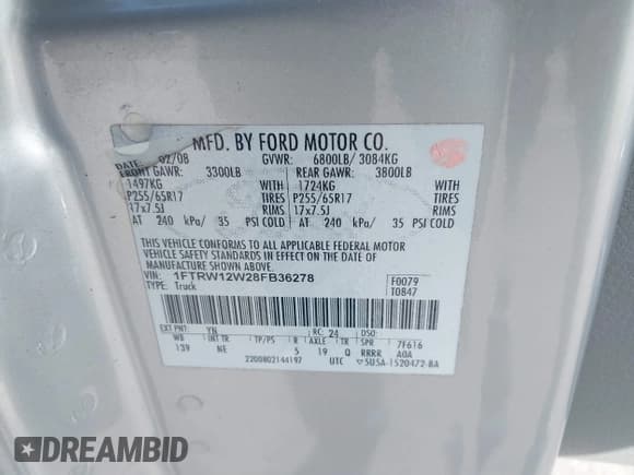 ✅ 2008 Ford F-150 XL • VIN: 1FTRW12W28FB36278 • Lot: 41261436. Listed on IAAI with 226,951 mi. Free auction sales archive from the USA and detailed vehicle history report at DreamBid. Image 9.