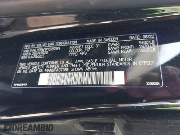 ✅ 2023 Volvo XC60 Plus Dark Theme • VIN: YV4L12RW1P1226384 • Lot: 41798305. Listed on IAAI with 88,622 mi. Free auction sales archive from the USA and detailed vehicle history report at DreamBid. Image 9.