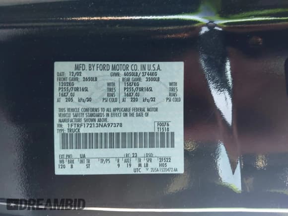 ✅ 2003 Ford F-150 XL • VIN: 1FTRF17213NA97378 • Lot: 42953690. Listed on IAAI with 126,528 mi. Free auction sales archive from the USA and detailed vehicle history report at DreamBid. Image 9.