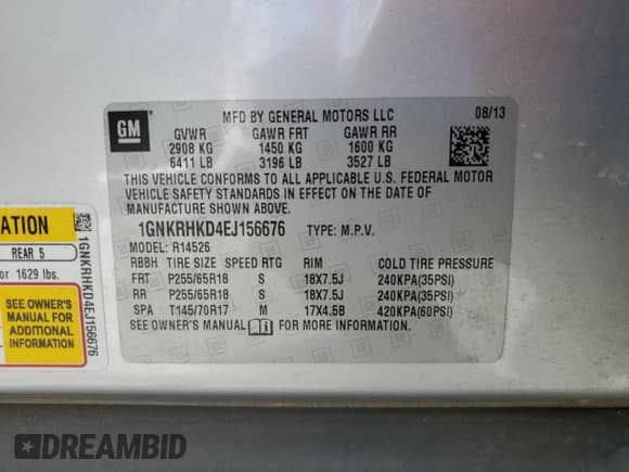 2014 Chevrolet Traverse LT with VIN 1GNKRHKD4EJ156676, listed as a Copart auction lot 70888325 with 225,194 mi miles and Salvage title. Bid and sale history available at DreamBid. Image 13.