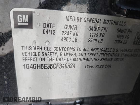 ✅ 2012 Buick LaCrosse Premium 3 • VIN: 1G4GH5E35CF340524 • Lot: 42434141. Listed on IAAI with 174,600 mi. Free auction sales archive from the USA and detailed vehicle history report at DreamBid. Image 9.