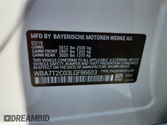 ✅ 2020 BMW 7 Series 740i • VIN: WBA7T2C03LGF96603 • Lot: 61264975. Listed on Copart with 58,459 mi. Free auction sales archive from the USA and detailed vehicle history report at DreamBid. Image 12.