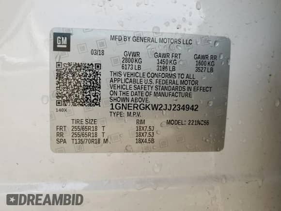 2018 Chevrolet Traverse LT Cloth z VIN 1GNERGKW2JJ234942, wystawiony jako Copart lot #71466575 z przebiegiem 95 646 mil mil oraz Szkoda całkowita • Salvage title. Historia ofert i sprzedaży dostępna na DreamBid. Obrazek 13.