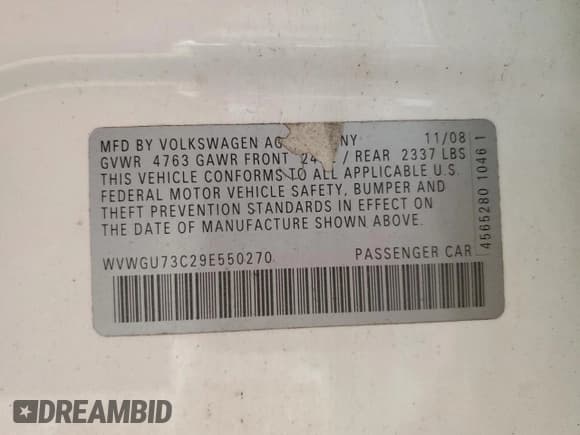 ✅ 2009 Volkswagen CC 4Motion • VIN: WVWGU73C29E550270 • Lot: 56929955. Wystawiony na Copart z przebiegiem 117 805 mil. Bezpłatny archiwum sprzedaży aukcyjnych z USA i szczegółowy raport historii pojazdu na DreamBid. Zdjęcie 12.