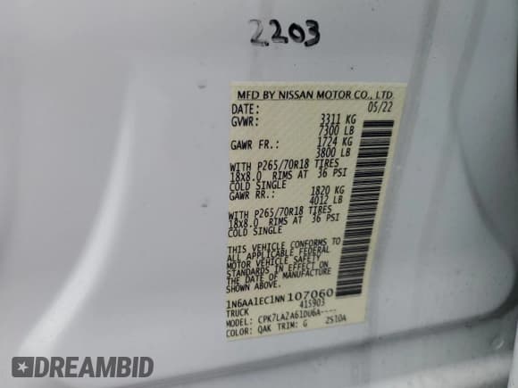 ✅ 2022 Nissan Titan SV • VIN: 1N6AA1EC1NN107060 • Lot: 86410174. Listed on Copart with 6,899 mi. Free auction sales archive from the USA and detailed vehicle history report at DreamBid. Image 12.