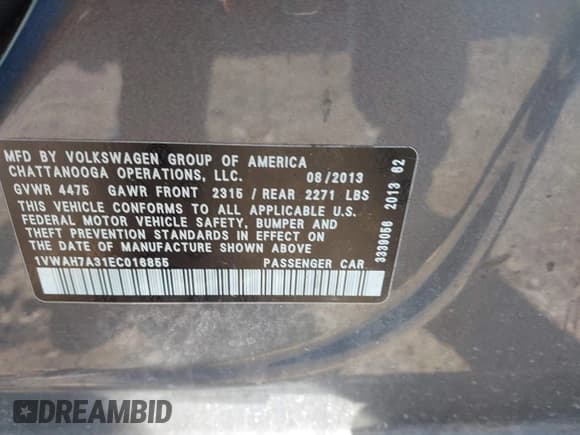 ✅ 2014 Volkswagen Passat Wolfsburg Edition • VIN: 1VWAH7A31EC016855 • Lot: 43332034. Listed on IAAI with 229,344 mi. Free auction sales archive from the USA and detailed vehicle history report at DreamBid. Image 9.