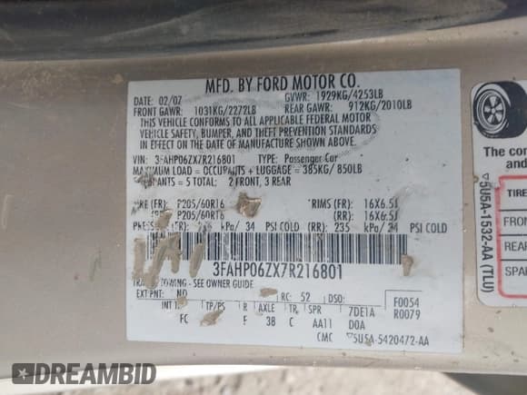 ✅ 2007 Ford Fusion S • VIN: 3FAHP06ZX7R216801 • Lot: 43238493. Listed on IAAI with 209,965 mi. Free auction sales archive from the USA and detailed vehicle history report at DreamBid. Image 9.