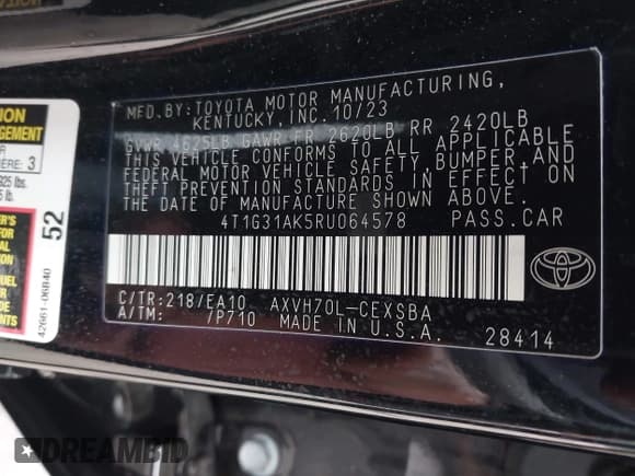 ✅ 2024 Toyota Camry Hybrid SE • VIN: 4T1G31AK5RU064578 • Lot: 42017396. Listed on IAAI with 19,696 mi. Free auction sales archive from the USA and detailed vehicle history report at DreamBid. Image 9.