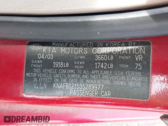 ✅ 2003 Kia Spectra • VIN: KNAFB121535289977 • Lot: 42969388. Listed on IAAI with 59,372 mi. Free auction sales archive from the USA and detailed vehicle history report at DreamBid. Image 9.