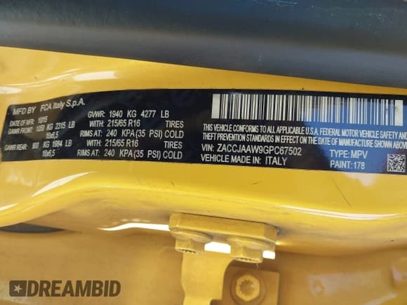 ✅ 2016 Jeep Renegade Sport • VIN: ZACCJAAW9GPC67502 • Lot: 43685503. Listed on IAAI with 97,266 mi. Free auction sales archive from the USA and detailed vehicle history report at DreamBid. Image 9.