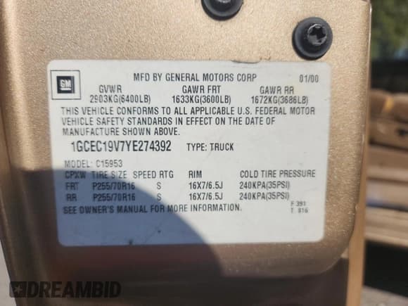 ✅ 2000 Chevrolet Silverado 1500 LS • VIN: 1GCEC19V7YE274392 • Lot: 84716775. Listed on Copart with 385,444 mi. Free auction sales archive from the USA and detailed vehicle history report at DreamBid. Image 12.