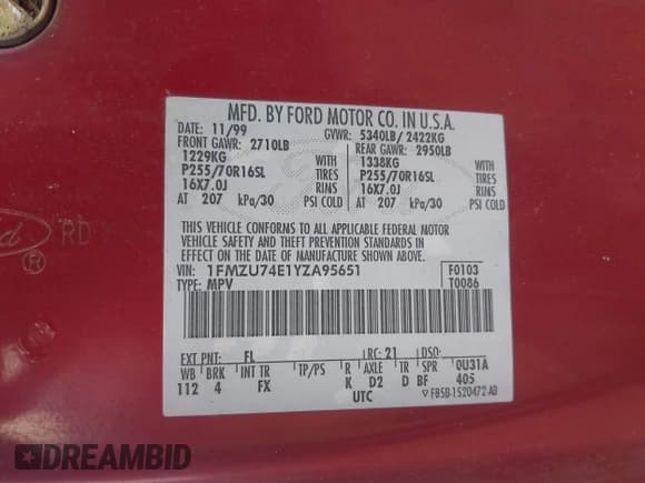 ✅ 2000 Ford Explorer Eddie Bauer • VIN: 1FMZU74E1YZA95651 • Lot: 42255311. Wystawiony na IAAI z przebiegiem 199 209 mil. Bezpłatny archiwum sprzedaży aukcyjnych z USA i szczegółowy raport historii pojazdu na DreamBid. Zdjęcie 9.