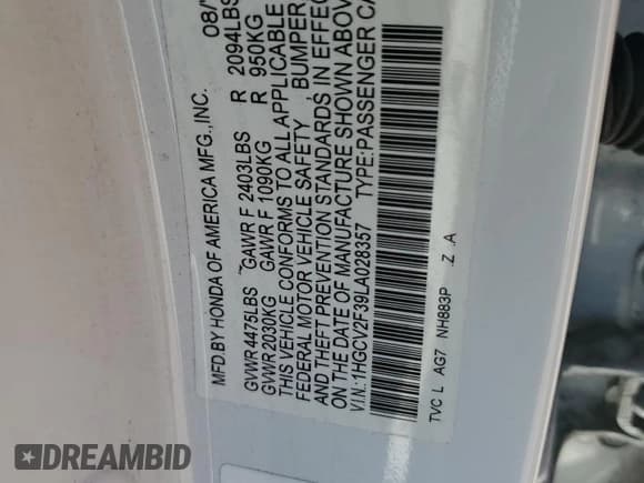 ✅ 2020 Honda Accord Sport • VIN: 1HGCV2F39LA028357 • Lot: 84567545. Wystawiony na Copart z przebiegiem 218 521 mil. Bezpłatny archiwum sprzedaży aukcyjnych z USA i szczegółowy raport historii pojazdu na DreamBid. Zdjęcie 12.