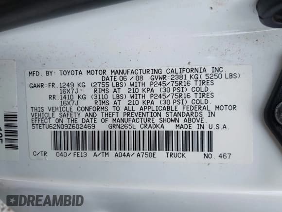 ✅ 2009 Toyota Tacoma PreRunner • VIN: 5TETU62N09Z602469 • Lot: 42853789. Listed on IAAI with 112,869 mi. Free auction sales archive from the USA and detailed vehicle history report at DreamBid. Image 9.