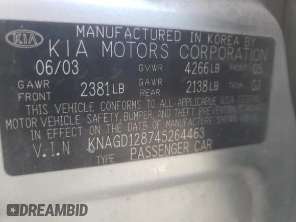 ✅ 2004 Kia Optima LX • VIN: KNAGD128745264463 • Лот: 72050484. Опубликован ранее на Copart с пробегом 60 759 миль. Бесплатный доступ к архиву аукционных продаж из США и подробный отчёт об истории автомобиля на DreamBid. Изображение 12.