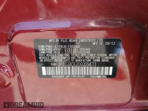 ✅ 2013 Subaru Impreza Premium • VIN: JF1GJAC62DG009433 • Lot: 75951404. Listed on Copart with 56,891 mi. Free auction sales archive from the USA and detailed vehicle history report at DreamBid. Image 14.